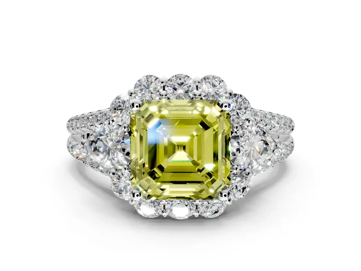 Halo Engagement Ring Setting for Fancy Yellow Asscher Cut Center with Two-Strand Split Shank and Prong Head in Platinum