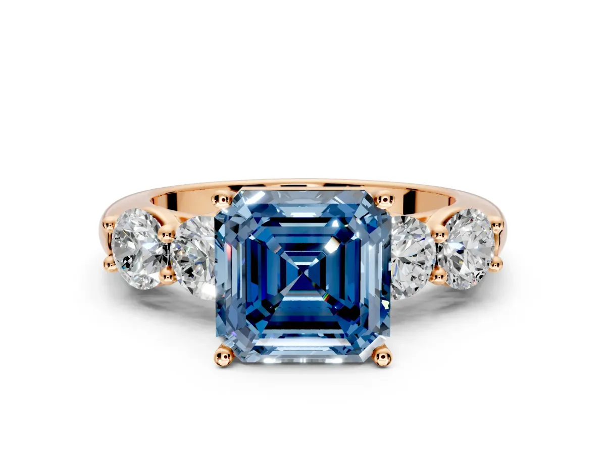 5 Stone Engagement Ring Setting for Fancy Blue Asscher Cut Center with Graduated Accents and Prong Head in Rose Gold