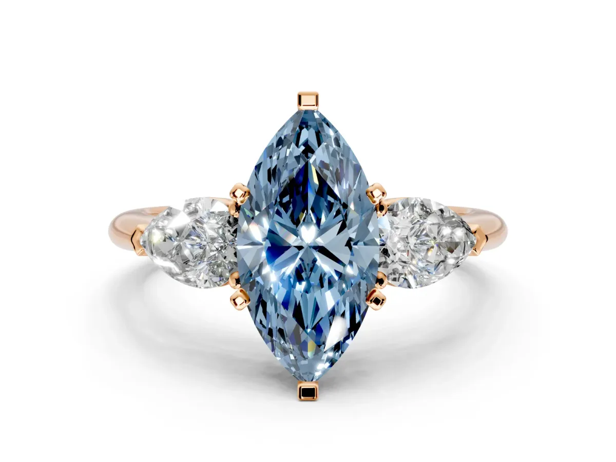 3 Stone Engagement Ring Setting for Fancy Blue Marquise Center with Large Pear-Shaped Accents and Prong Head in Rose Gold