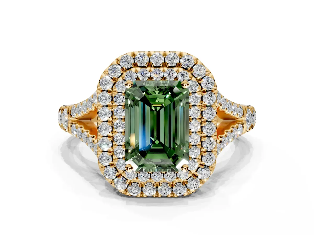 Double Halo Engagement Ring Setting for Fancy Green Emerald Cut Center with Narrow Pave Split Shank and Prong Head in Yellow Gold