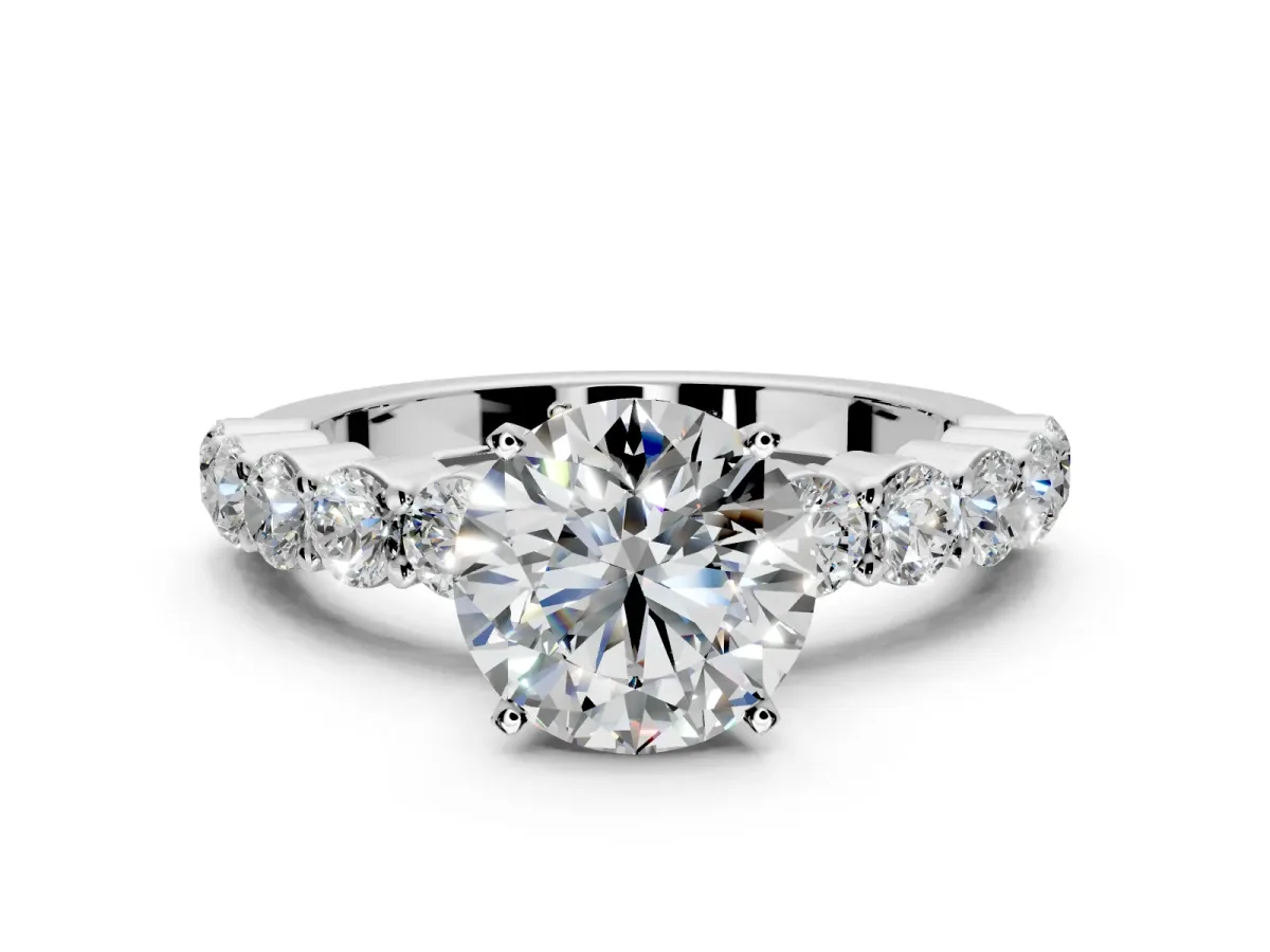 Shared-Prong Engagement Ring Setting for Round Cut Center with Graduated Accents and Prong Head in White Gold