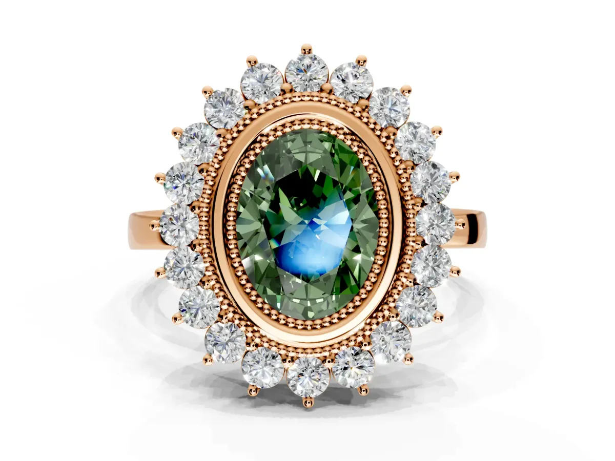 Halo Engagement Ring Setting for Fancy Green Oval Center with Milgrain Bezel Rim, Plain Band and Prong Head in Rose Gold