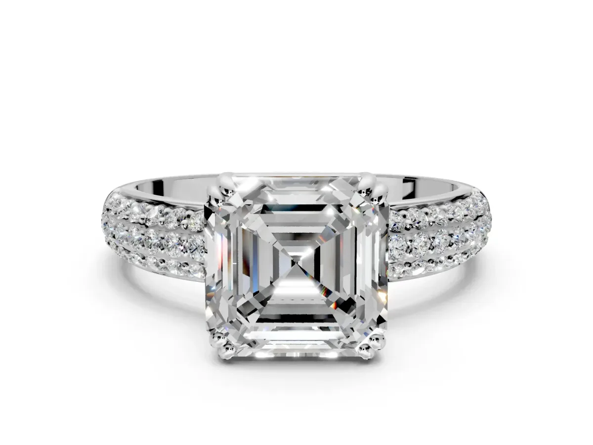 Solitaire Engagement Ring Setting for Asscher Cut Center with Multi-Row Pave Accents and Basket Head in Sterling Silver