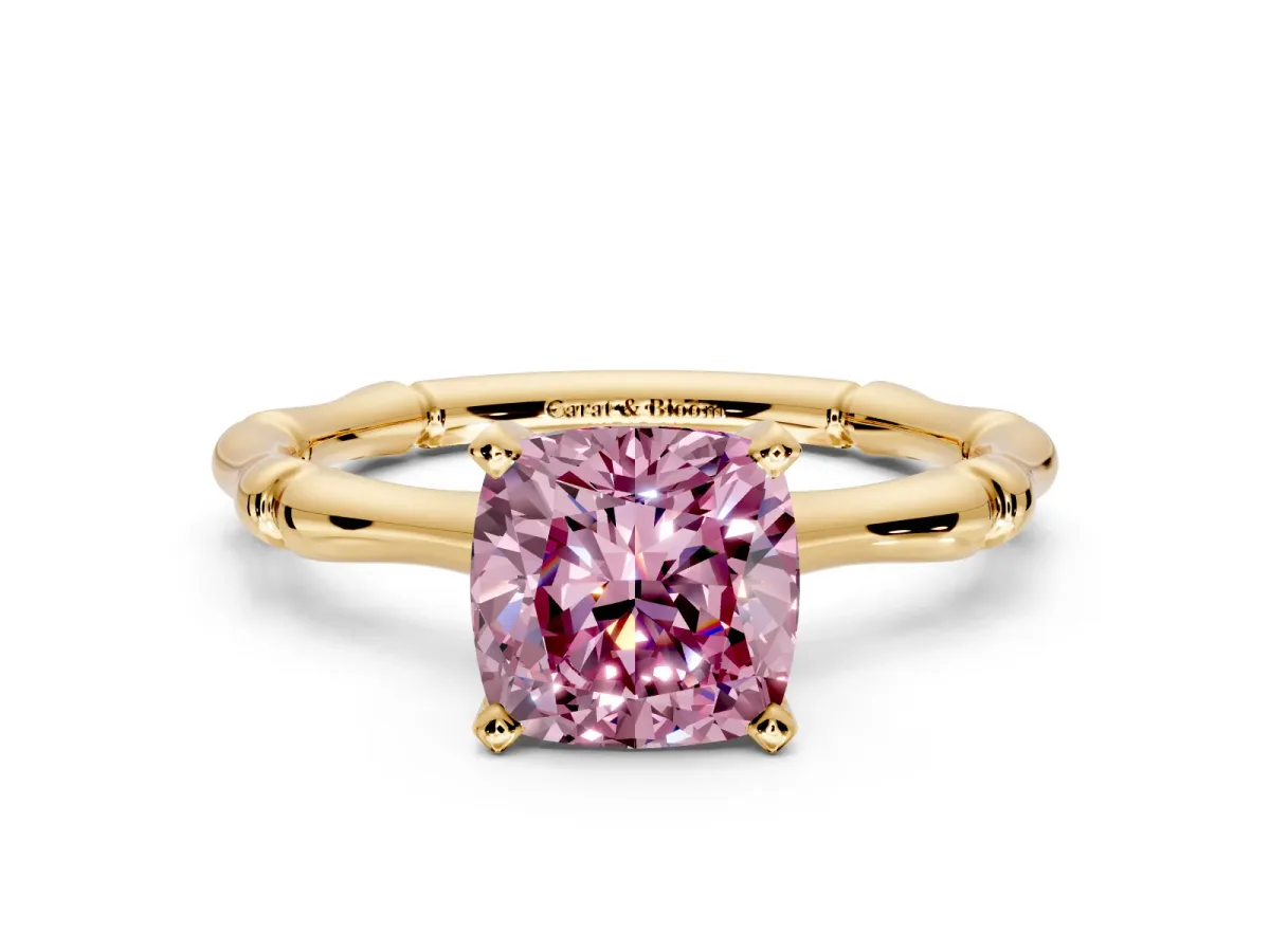 Solitaire Engagement Ring Setting for Fancy Pink Cushion Cut Center with Bamboo Band and Prong Head in Yellow Gold