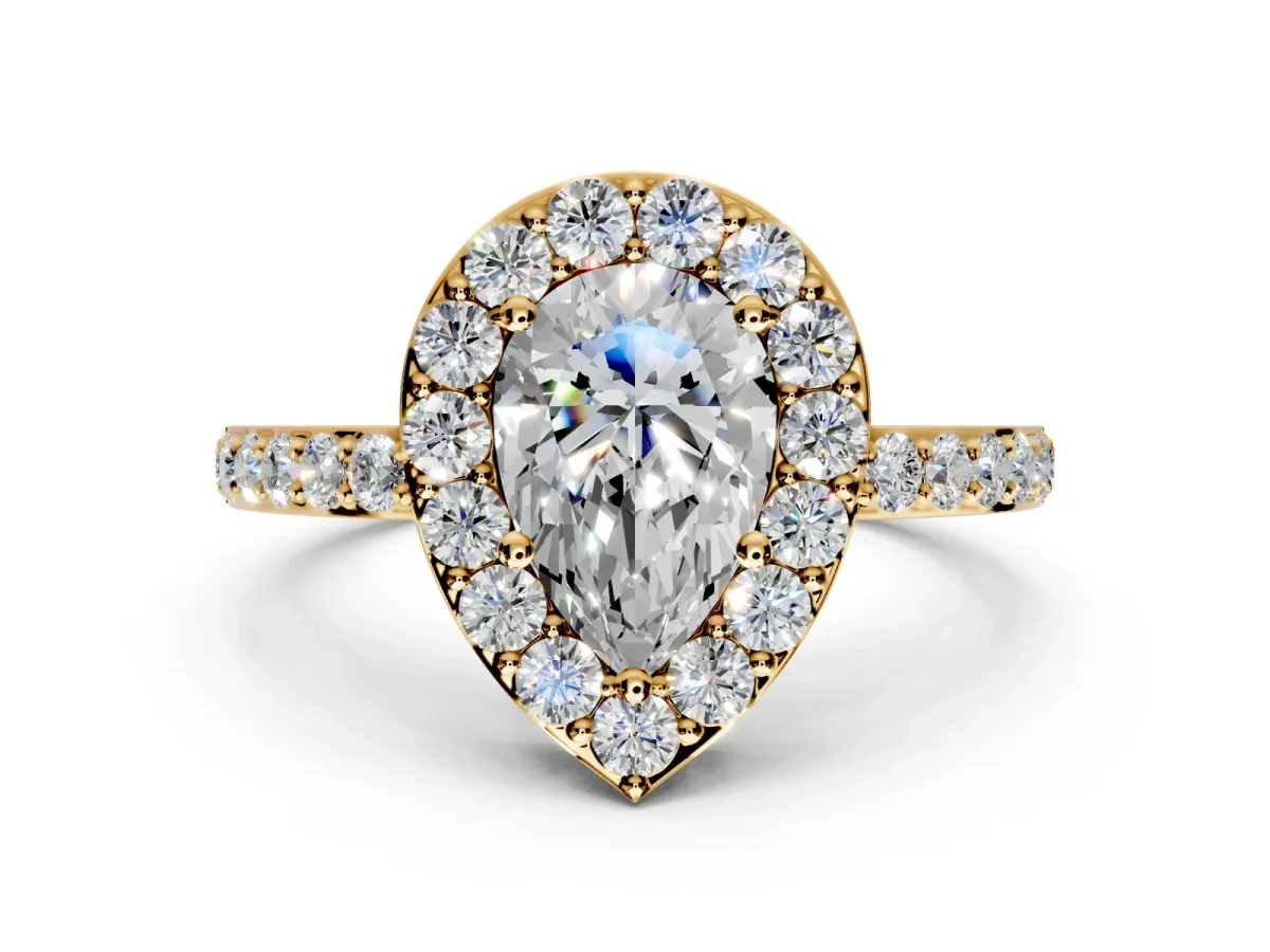 Halo Engagement Ring Setting for Pear-Shaped Center with Heart-Shaped Openwork, Pave Band and Prong Head in Yellow Gold