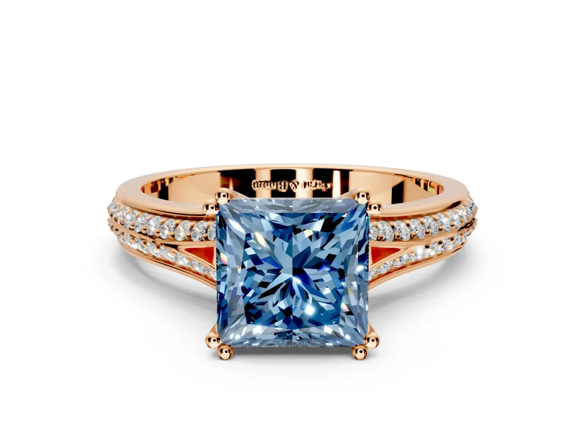 Solitaire Engagement Ring Setting for Fancy Blue Princess Cut Center with Pave Rail Split Shank and Prong Head in Rose Gold