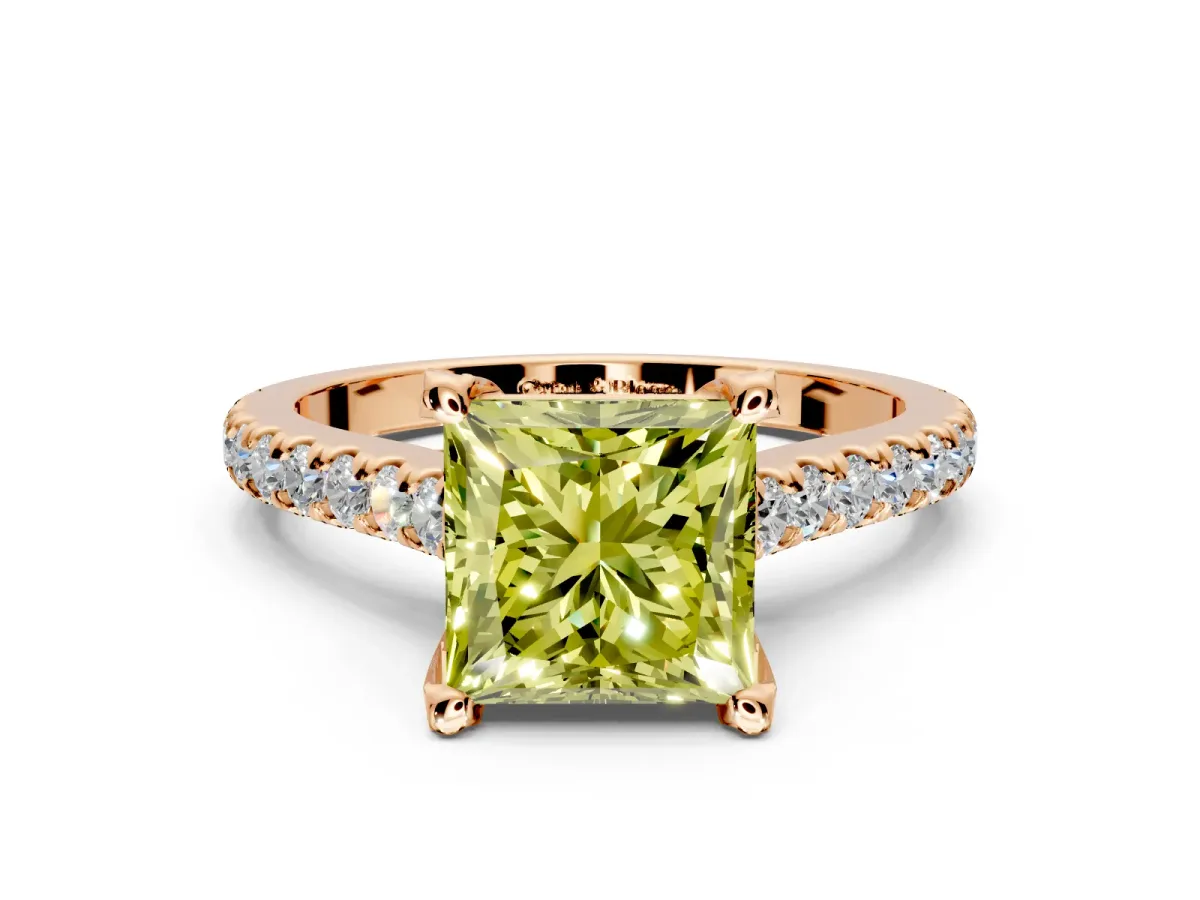 Solitaire Engagement Ring Setting for Fancy Yellow Princess Cut Center with Widening Pave Band and Claw Prong Head in Rose Gold