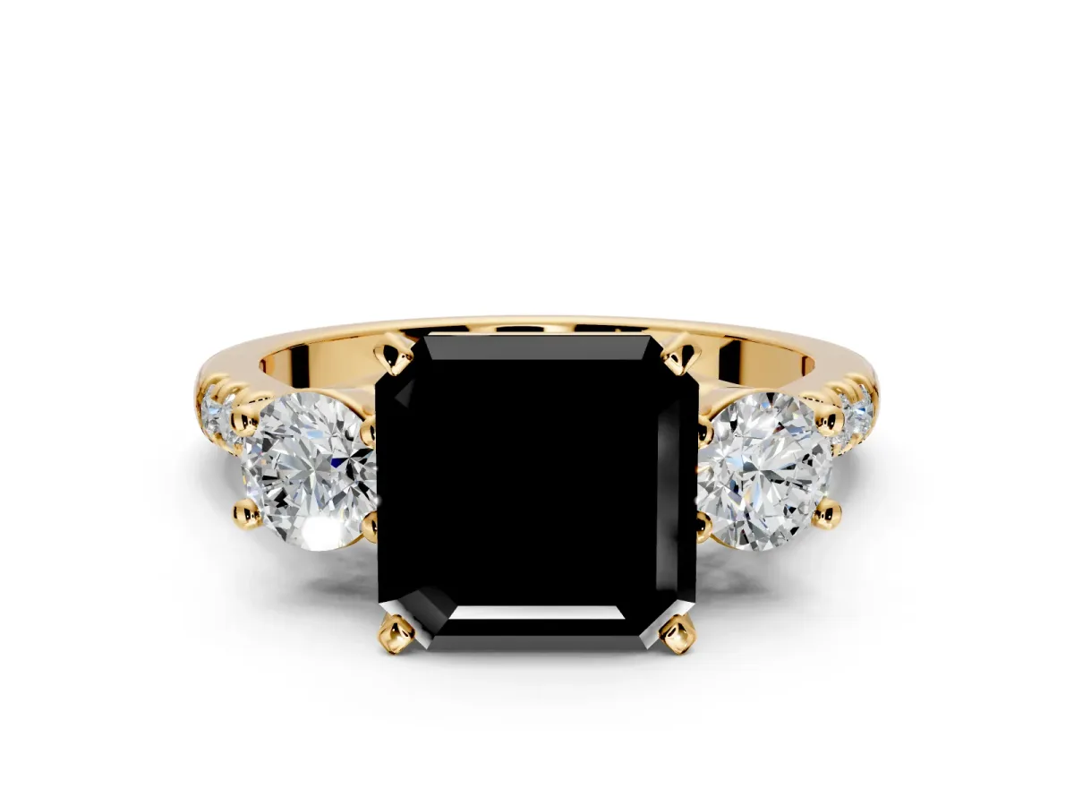 3 Stone Engagement Ring Setting for Fancy Black Asscher Cut Center with Crossover Basket, Pave Band and Prong Head in Yellow Gold
