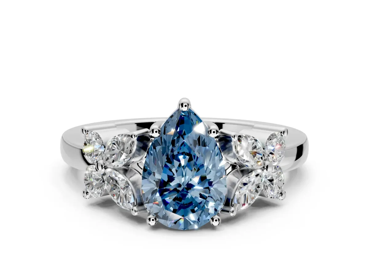 Floral Engagement Ring Setting for Fancy Blue Pear-Shaped Center with Marquise Cluster Shoulders and Prong Head in Sterling Silver