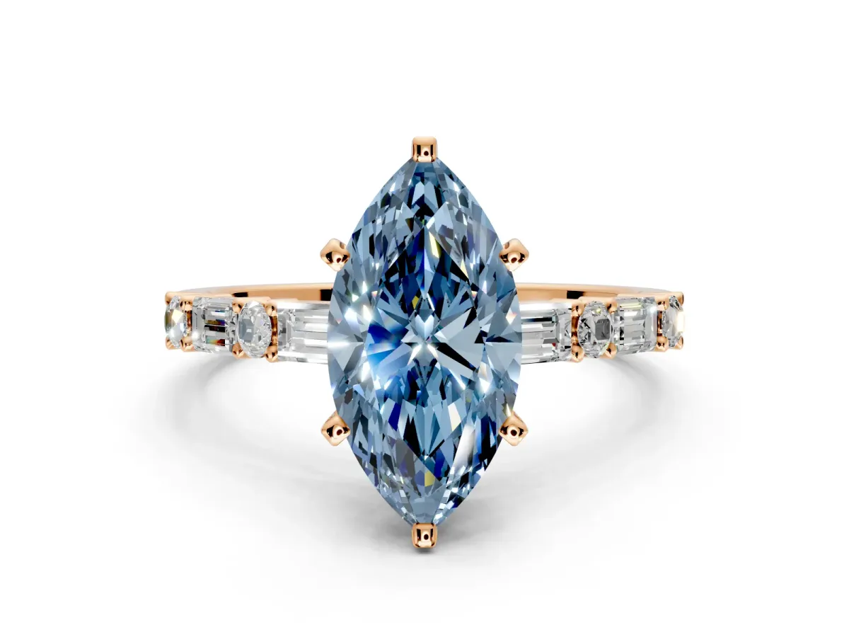 Baguette Engagement Ring Setting for Fancy Blue Marquise Center with Alternating Bar-Set Band and Prong Head in Rose Gold