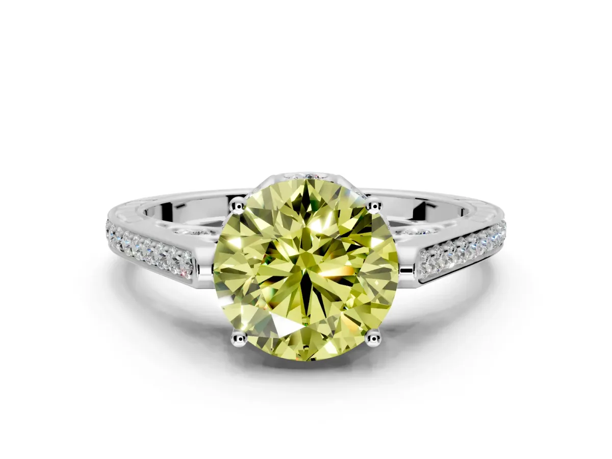 Cathedral Engagement Ring Setting for Fancy Yellow Round Cut Center with Antique-Style Pave Band and Prong Head in Platinum