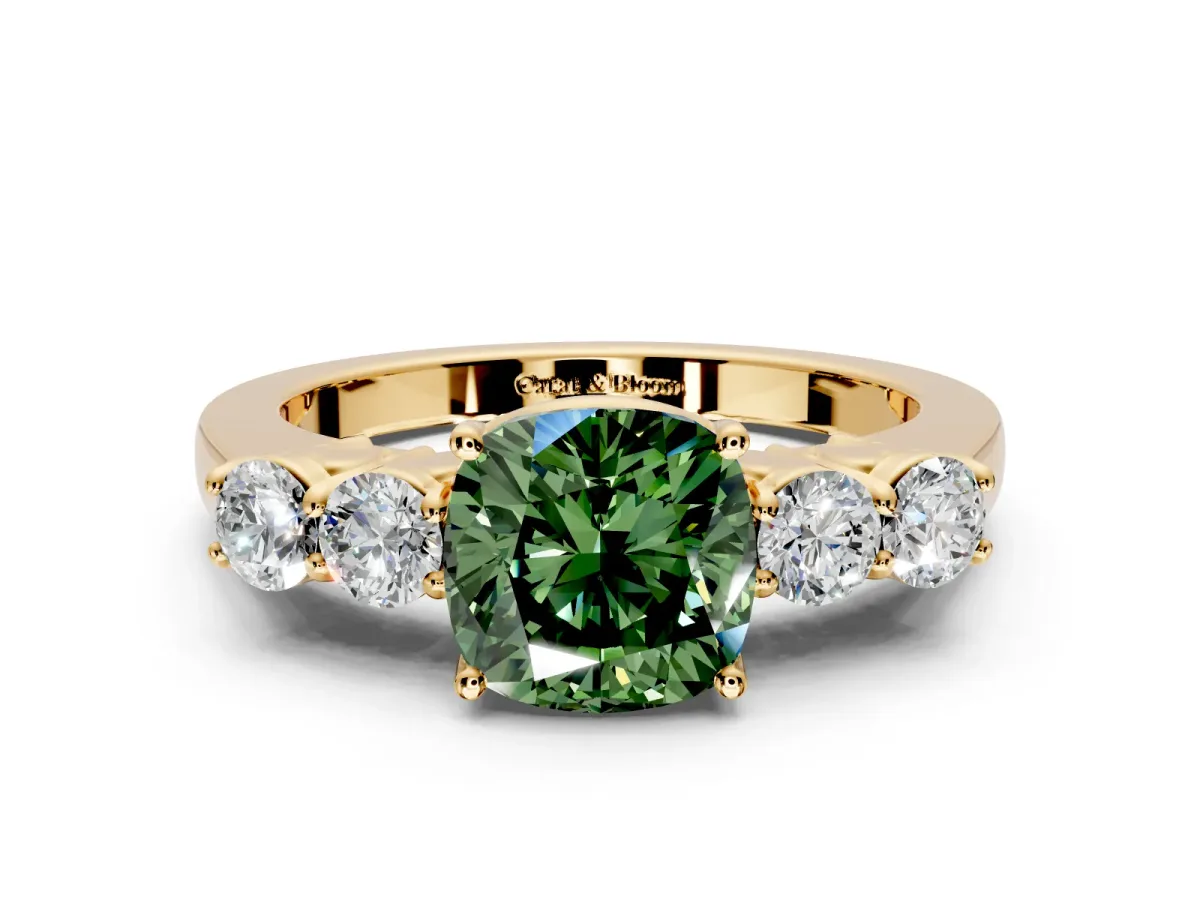 5 Stone Engagement Ring Setting for Fancy Green Cushion Cut Center with Equal Close-Set Accents and Prong Head in Yellow Gold