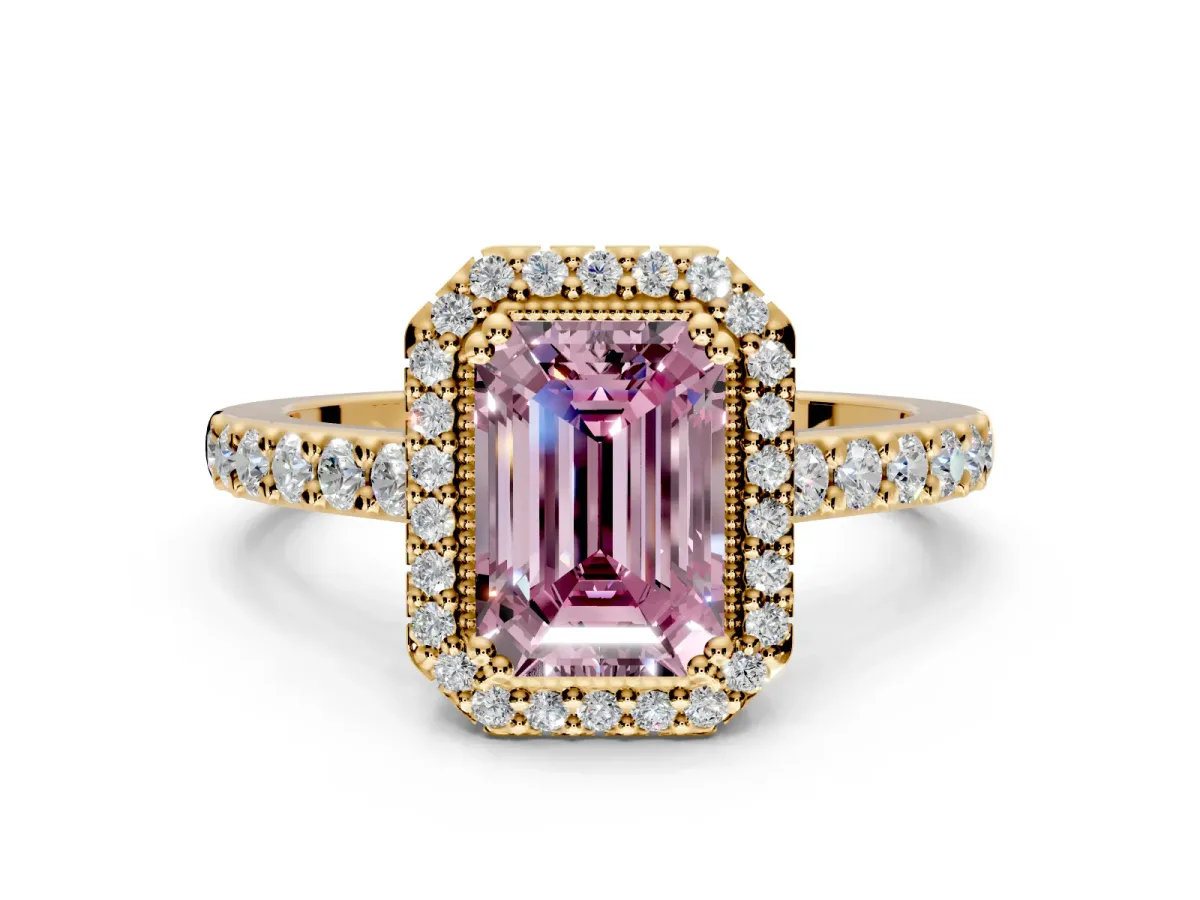 Halo Engagement Ring Setting for Fancy Pink Emerald Cut Center with Inner Milgrain Border and Prong Head in Yellow Gold