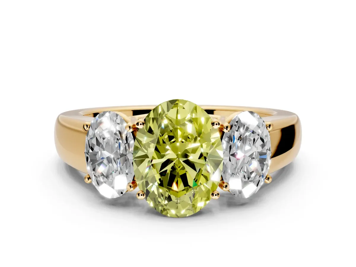 3 Stone Engagement Ring Setting for Fancy Yellow Oval Center with Raised Basket Heads and Prong Head in Yellow Gold