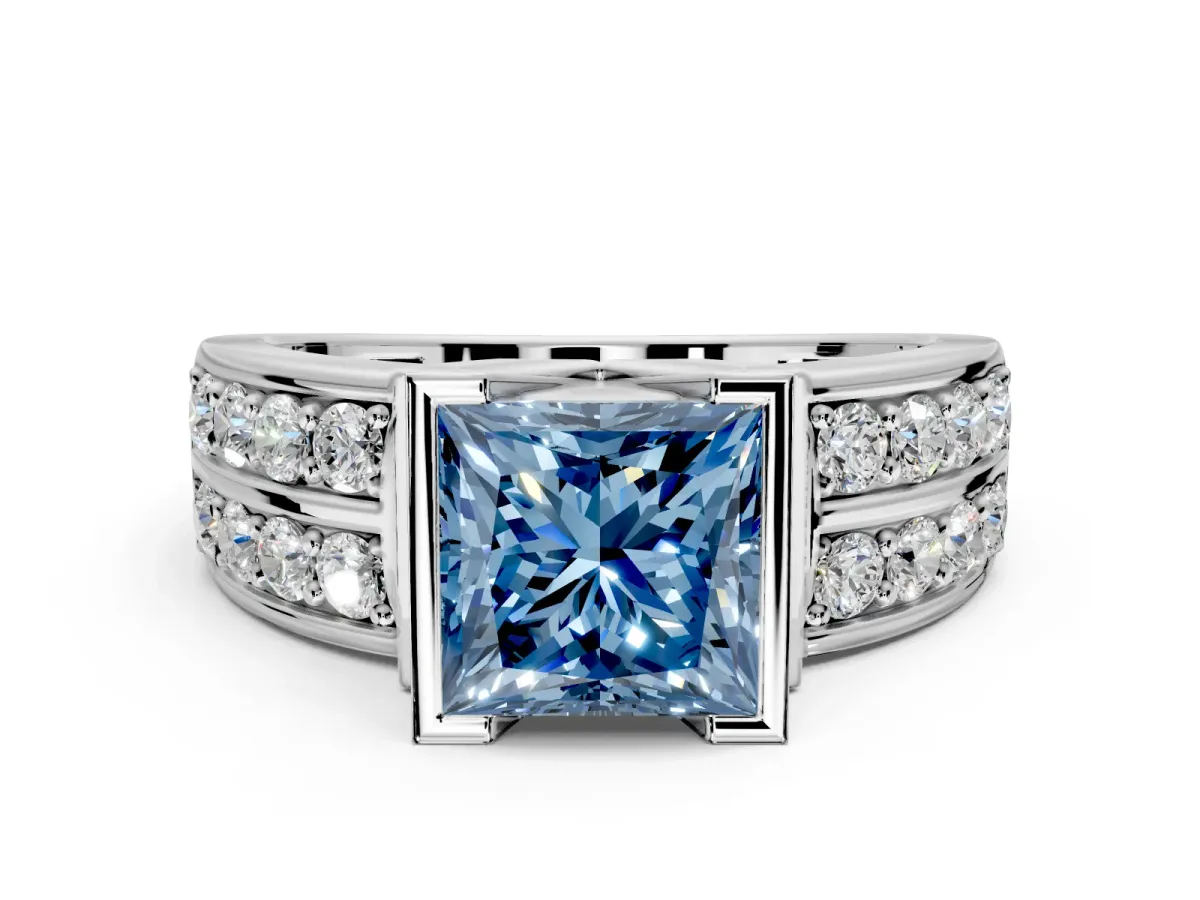 Bezel Engagement Ring Setting for Fancy Blue Princess Cut Center with Wide Channel-Set Band and Bezel Head in Platinum