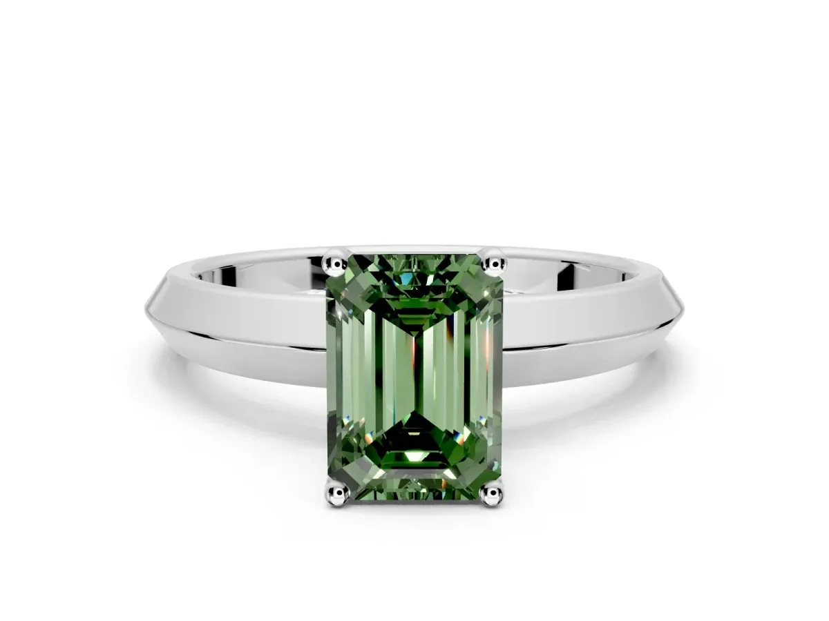 Solitaire Engagement Ring Setting for Fancy Green Emerald Cut Center with Wide Knife Ridge Band and Prong Head in White Gold