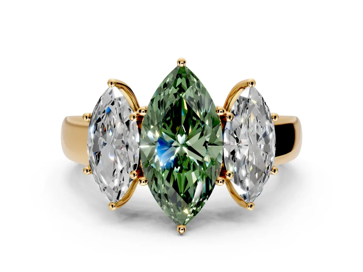 3 Stone Engagement Ring Setting for Fancy Green Marquise Center with Raised Basket Heads and Prong Head in Yellow Gold