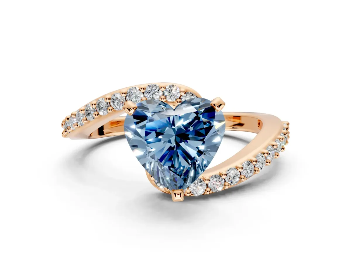 Solitaire Engagement Ring Setting for Fancy Blue Heart-Shaped Center with Pave Bypass Swirl Band and Prong Head in Rose Gold