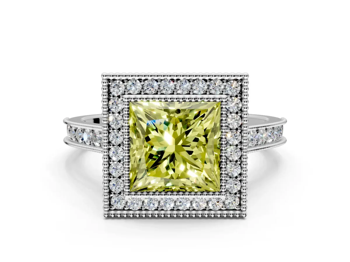 Halo Engagement Ring Setting for Fancy Yellow Princess Cut Center with Milgrain Pave Band and Bezel Head in Sterling Silver