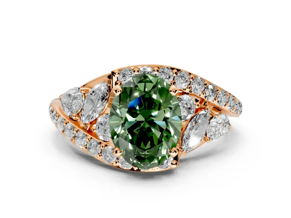 Halo Engagement Ring Setting for Fancy Green Oval Center with Marquise and Pave Bypass Band and Prong Head in Rose Gold