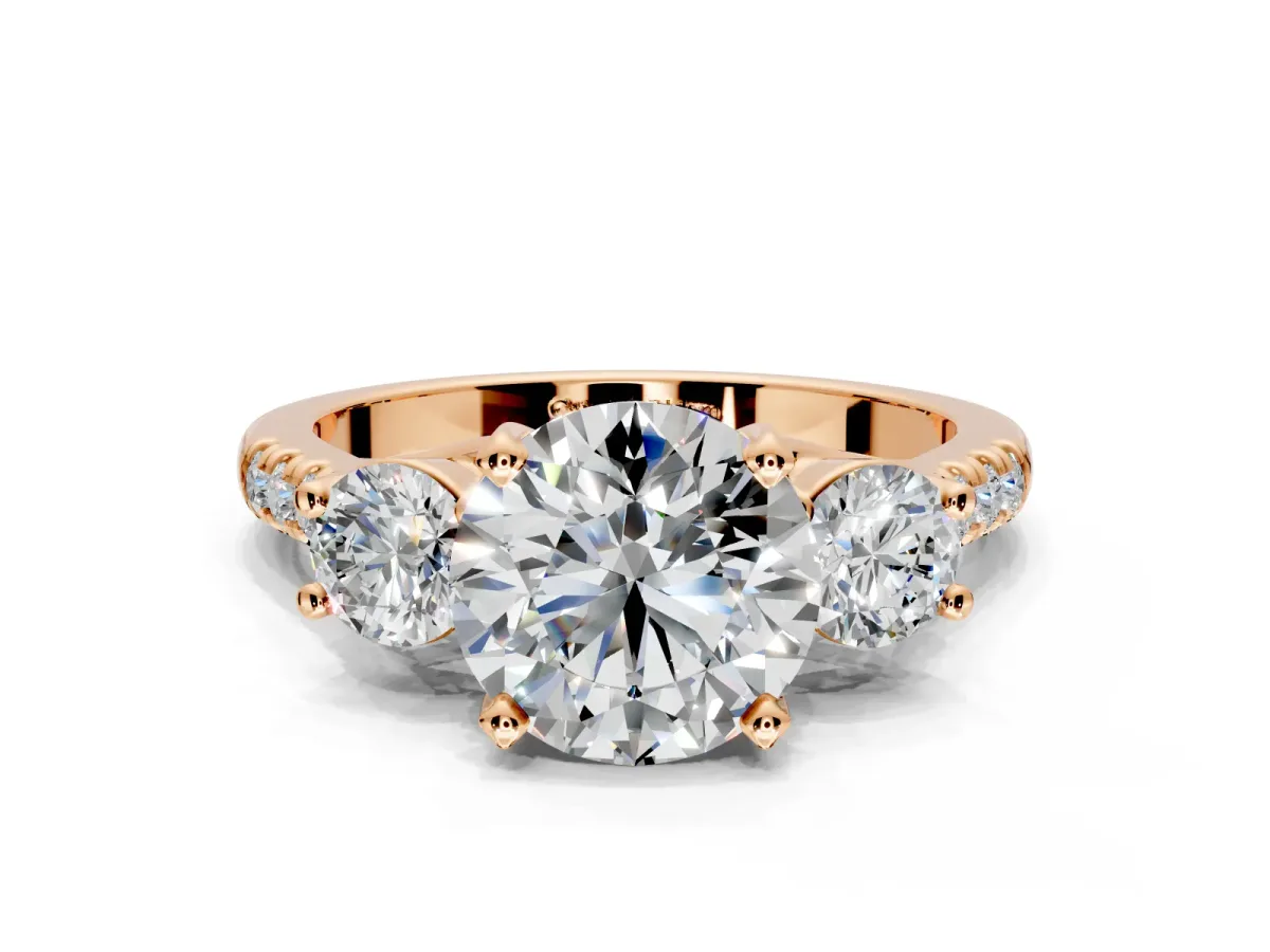 3 Stone Engagement Ring Setting for Round Cut Center with Crossover Basket, Pave Band and Prong Head in Rose Gold