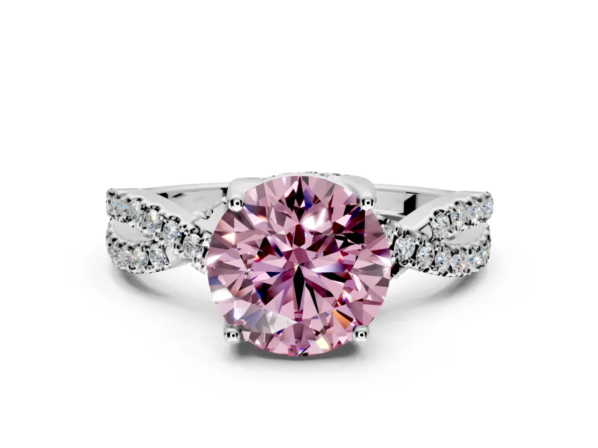Solitaire Engagement Ring Setting for Fancy Pink Round Cut Center with Narrow Twist Pave Band and Prong Head in Platinum