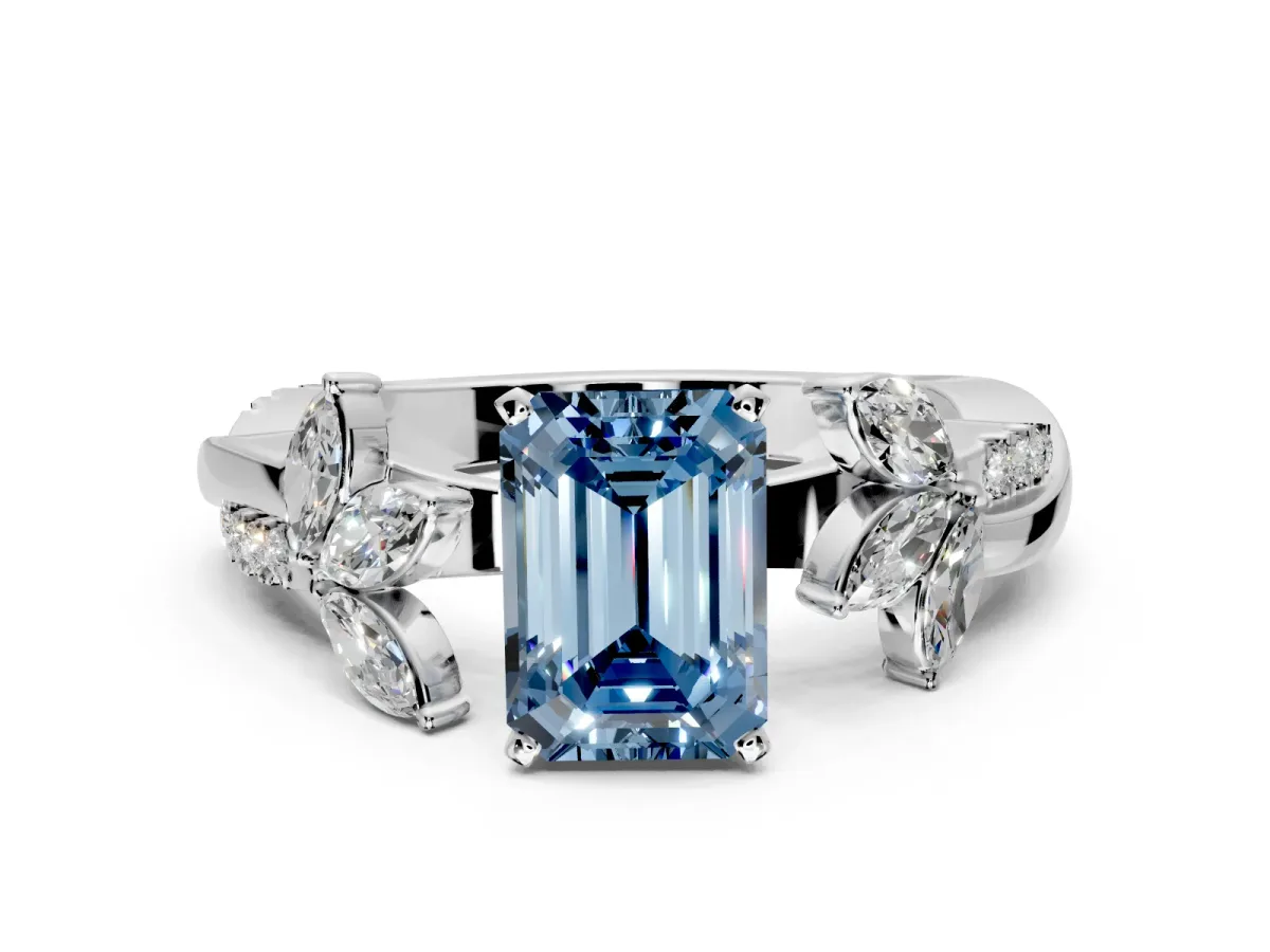 Floral Engagement Ring Setting for Fancy Blue Emerald Cut Center with Trailing Marquise Accents and Prong Head in Platinum