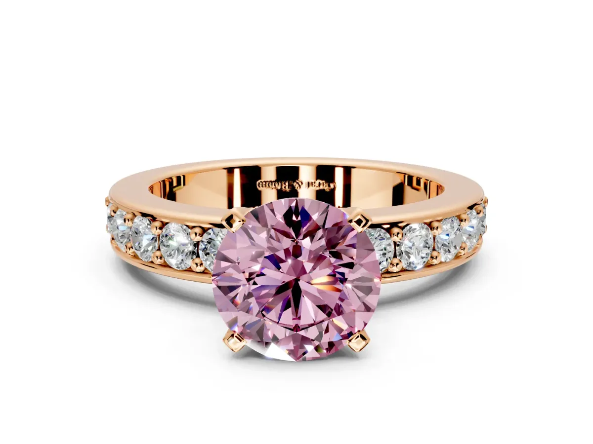 Solitaire Engagement Ring Setting for Fancy Pink Round Cut Center with Channel-Set Accents and Prong Head in Rose Gold