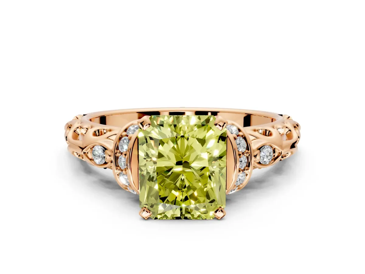 Solitaire Engagement Ring Setting for Fancy Yellow Radiant Cut Center with Filigree Band and Prong Head in Rose Gold