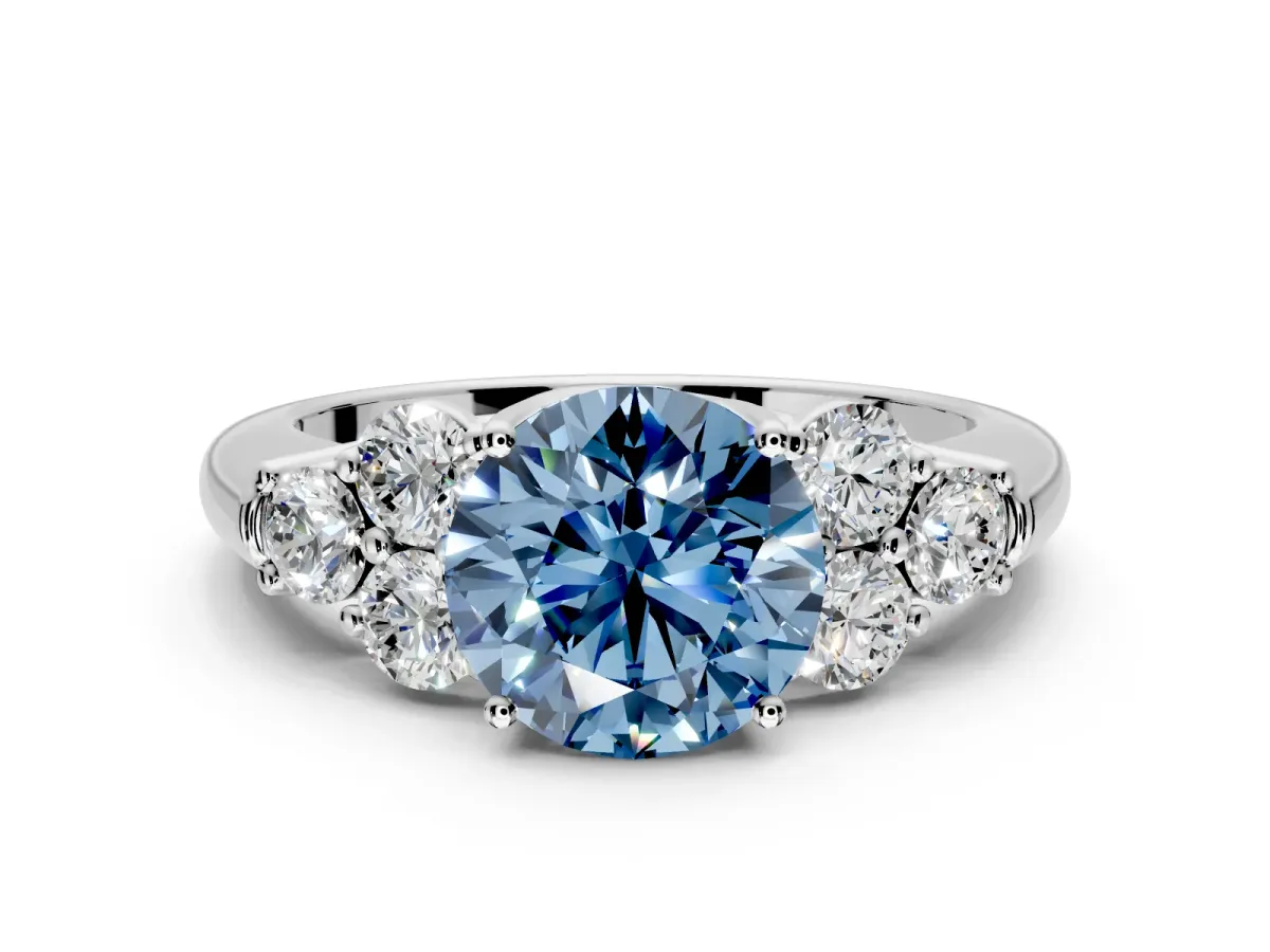 Cluster Engagement Ring Setting for Fancy Blue Round Cut Center with Round Cut Accent Frame and Prong Head in Platinum