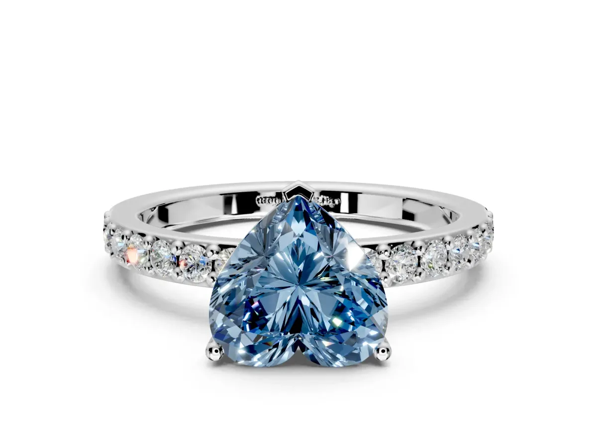 Solitaire Engagement Ring Setting for Fancy Blue Heart-Shaped Center with Round Cut Pave Band and Prong Head in White Gold