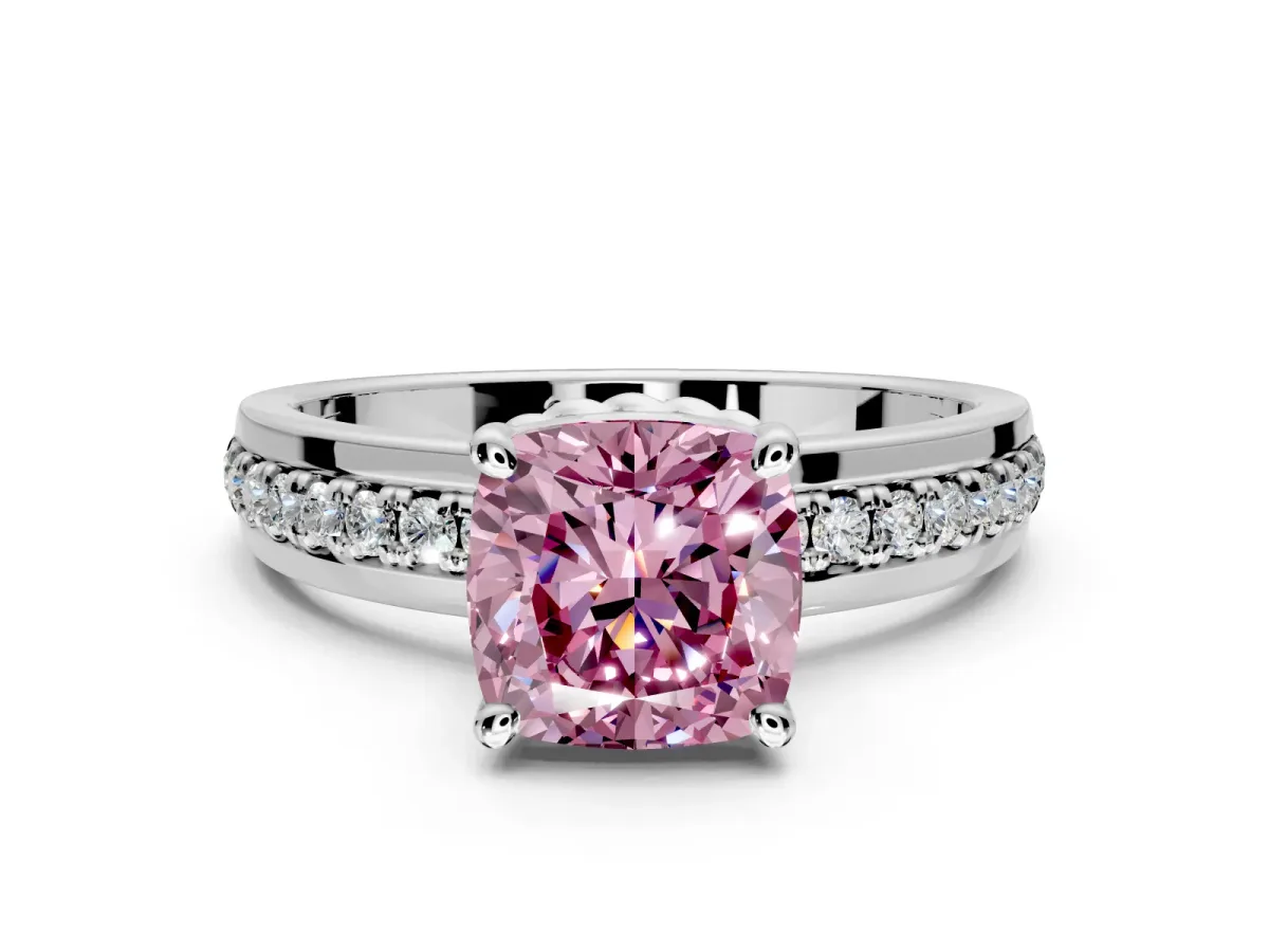 Solitaire Engagement Ring Setting for Fancy Pink Cushion Cut Center with Raised Channel Band and Prong Head in Sterling Silver
