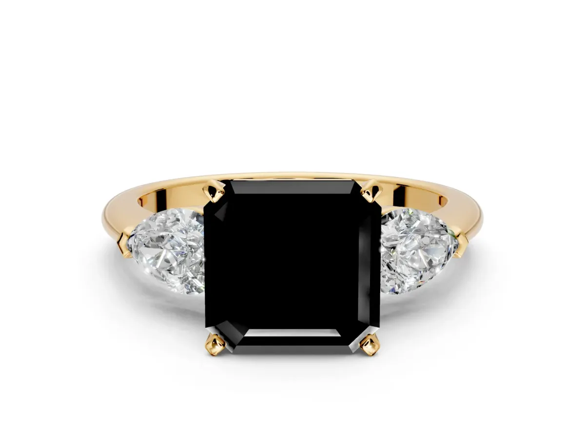3 Stone Engagement Ring Setting for Fancy Black Asscher Cut Center with Large Pear-Shaped Accents and Prong Head in Yellow Gold