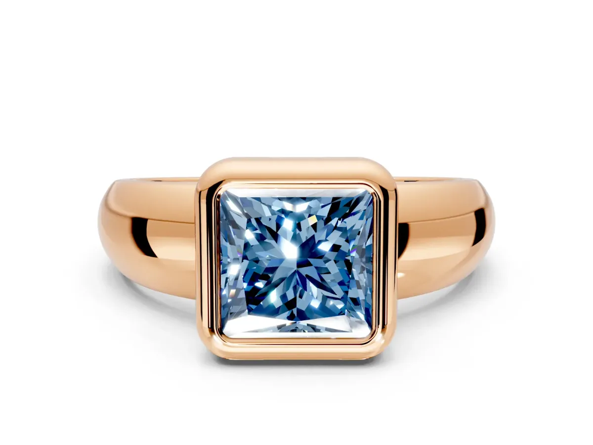 Solitaire Engagement Ring Setting for Fancy Blue Princess Cut Center with Wide Band and Bezel Head in Rose Gold