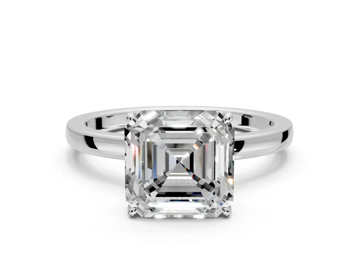 Solitaire Engagement Ring Setting for Asscher Cut Center with Thin Rounded Plain Band and Prong Head in Platinum
