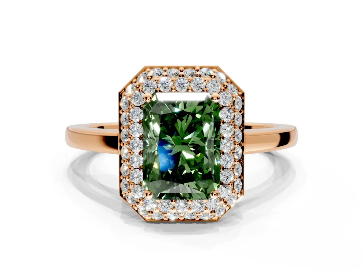 Halo Engagement Ring Setting for Fancy Green Radiant Cut Center with Plain Tapered Band and Prong Head in Rose Gold
