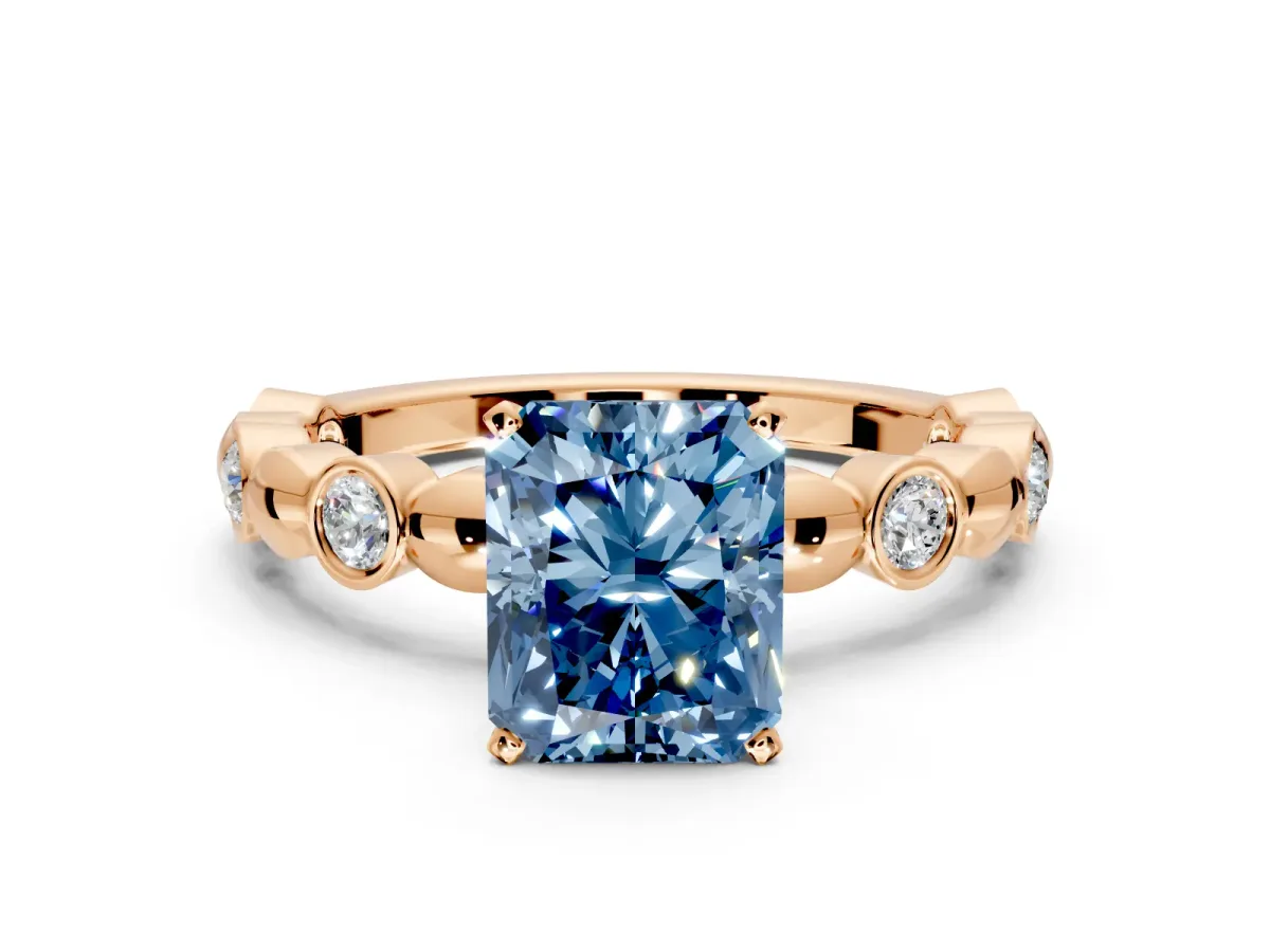 Solitaire Engagement Ring Setting for Fancy Blue Radiant Cut Center with Beaded Bezel Station Band and Prong Head in Rose Gold