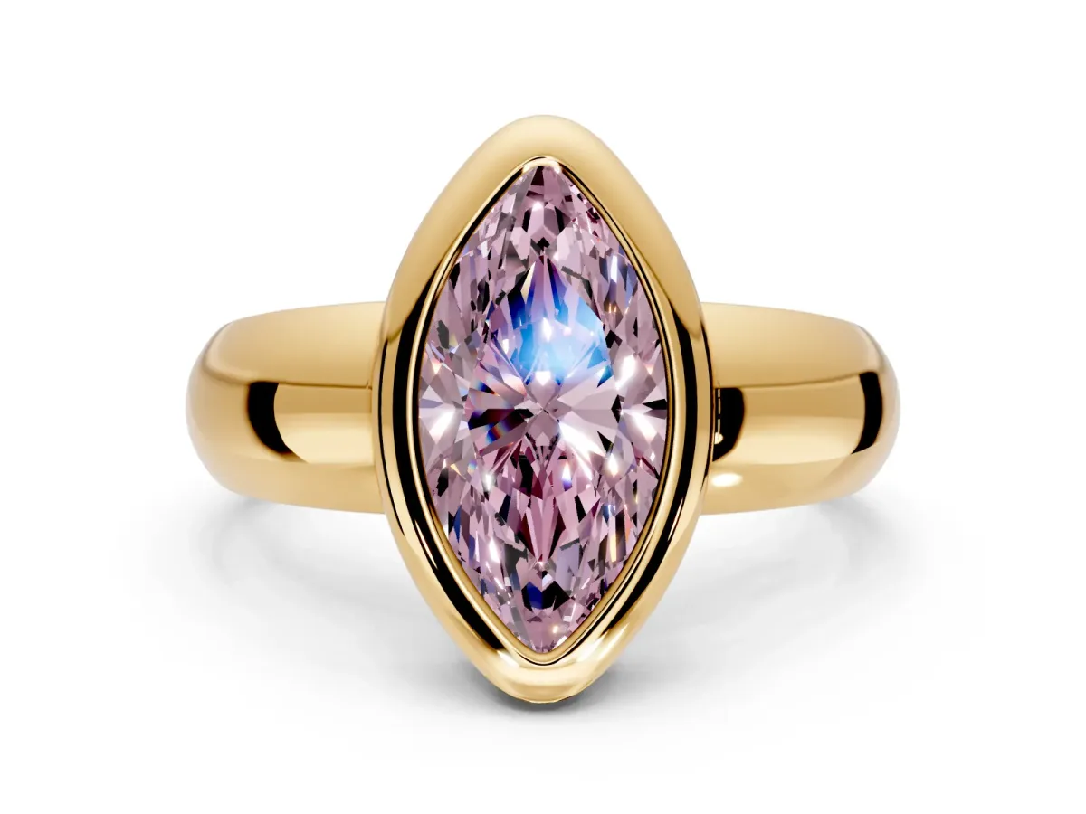 Solitaire Engagement Ring Setting for Fancy Pink Marquise Center with Wide Band and Bezel Head in Yellow Gold