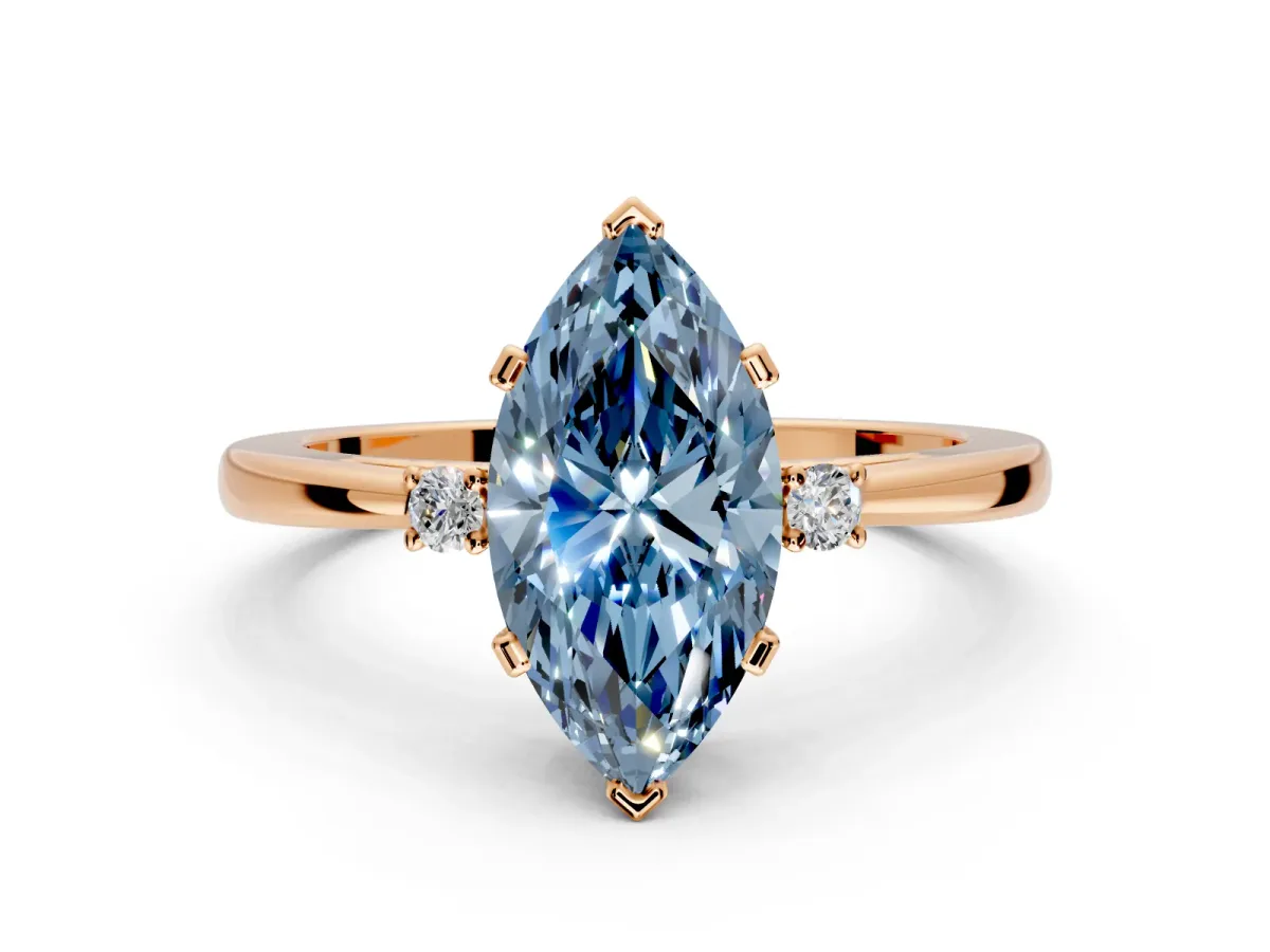 3 Stone Engagement Ring Setting for Fancy Blue Marquise Center with Low-Set Round Cut Accents and Prong Head in Rose Gold