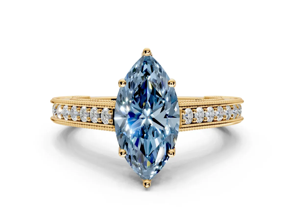 Solitaire Engagement Ring Setting for Fancy Blue Marquise Center with Engraved Pave Band and Prong Head in Yellow Gold