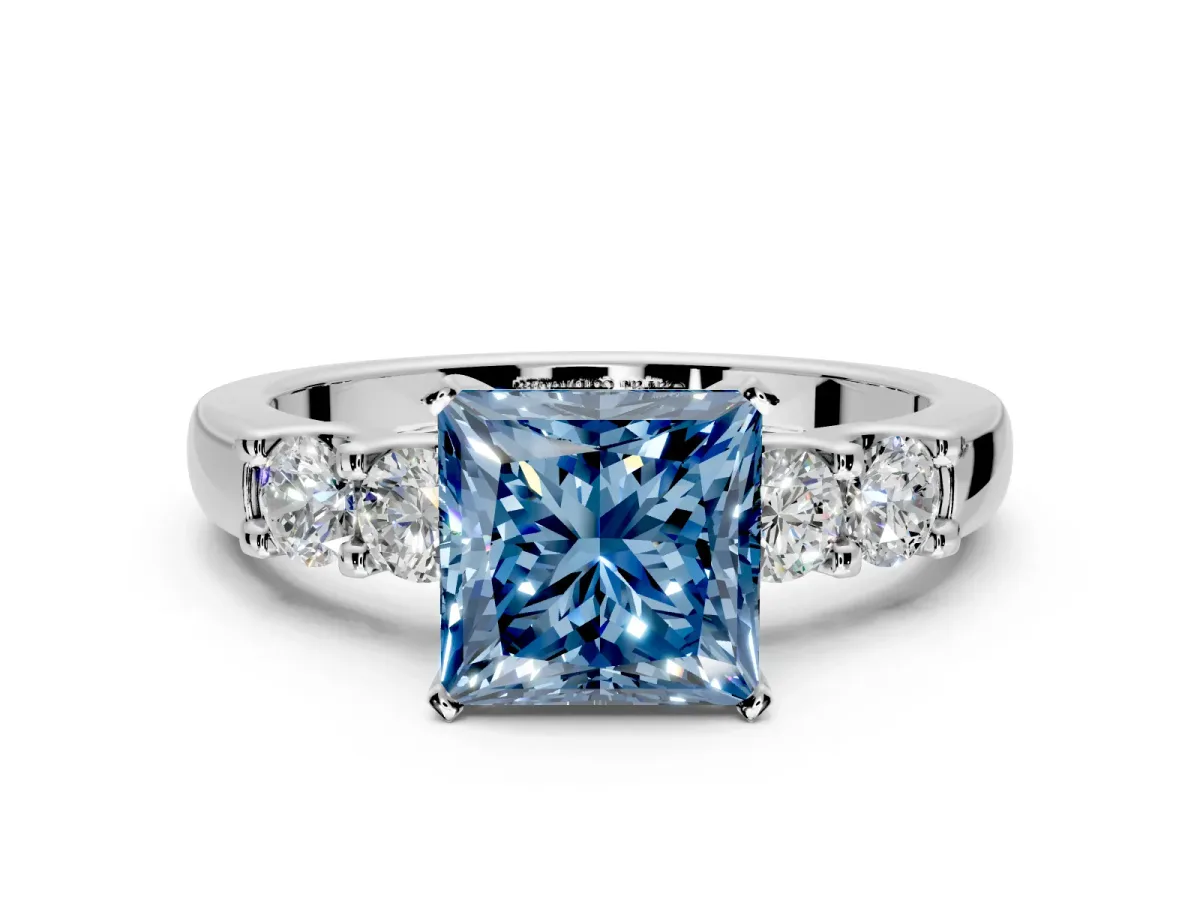 5 Stone Engagement Ring Setting for Fancy Blue Princess Cut Center with Plain Band and Prong Head in Sterling Silver