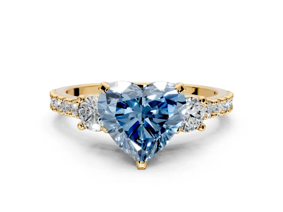 3 Stone Engagement Ring Setting for Fancy Blue Heart-Shaped Center with Round Cut Side Accents and Prong Head in Yellow Gold