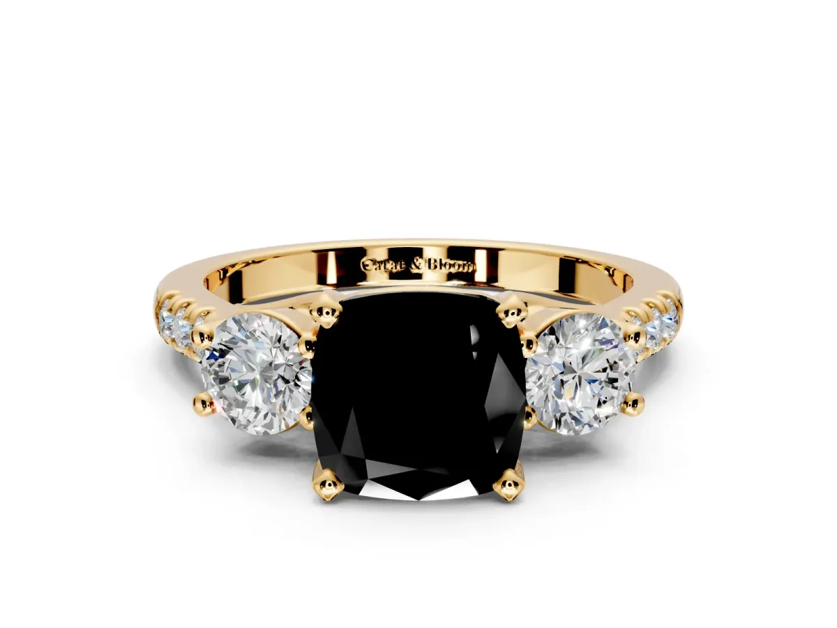 3 Stone Engagement Ring Setting for Fancy Black Cushion Cut Center with Crossover Basket, Pave Band and Prong Head in Yellow Gold