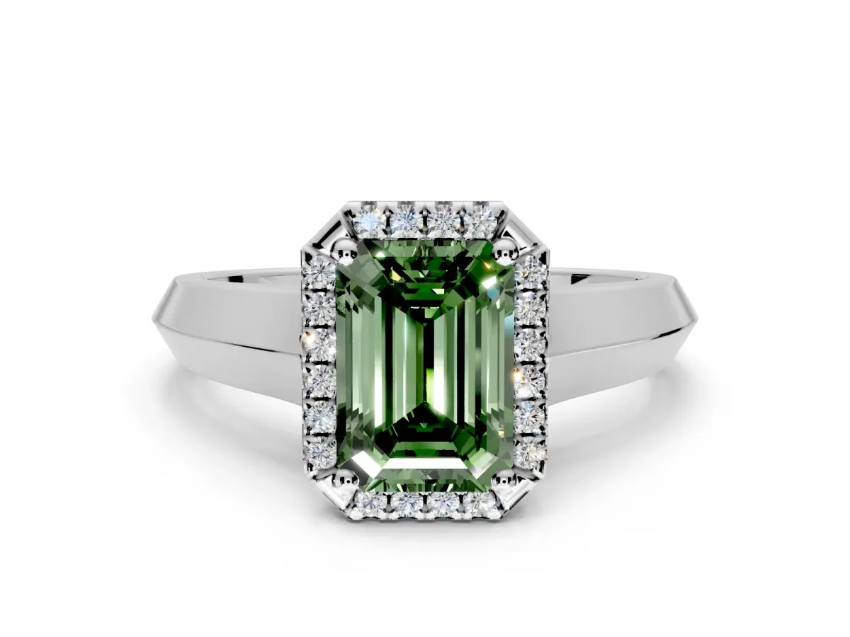 Halo Engagement Ring Setting for Fancy Green Emerald Cut Center with Knife Ridge Cathedral Band and Prong Head in Platinum