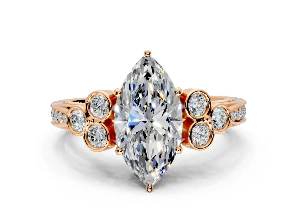Cluster Engagement Ring Setting for Marquise Center with Bezel Accent Clusters and Prong Head in Rose Gold