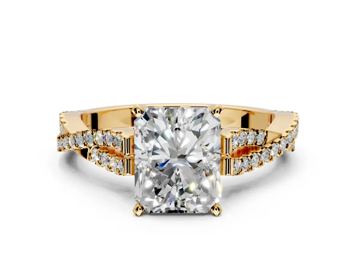 Solitaire Engagement Ring Setting for Radiant Cut Center with Twisted Pave Split Shank and Prong Head in Yellow Gold