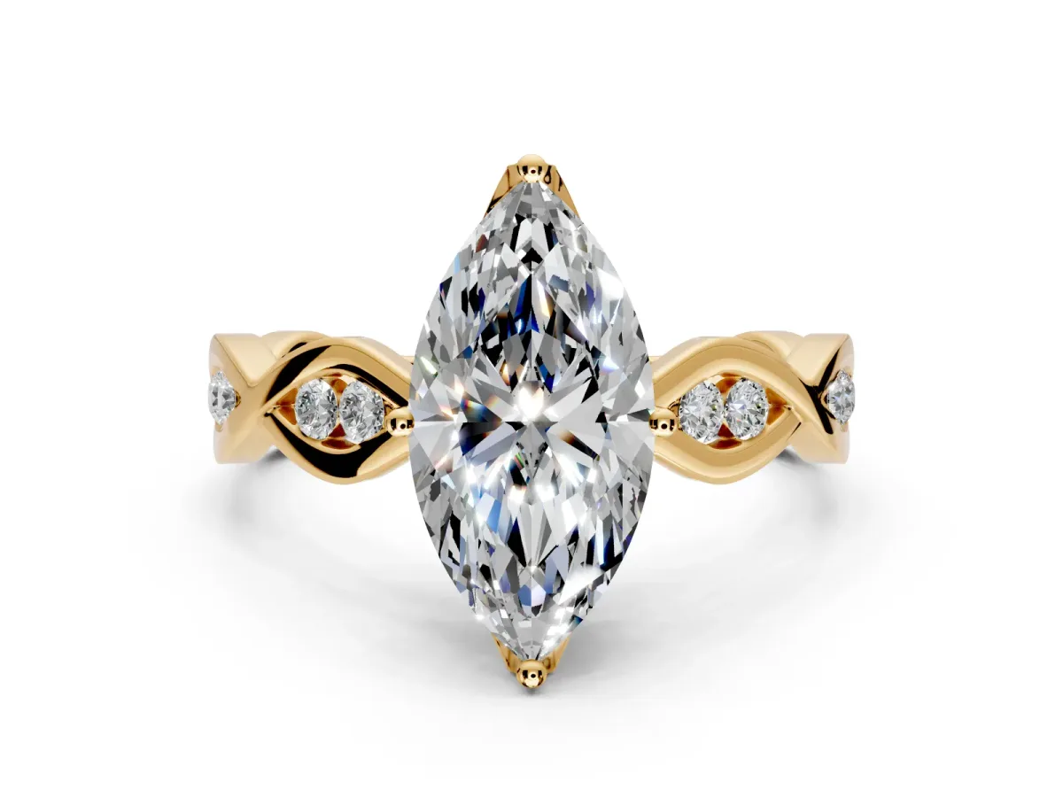 Solitaire Engagement Ring Setting for Marquise Center with Accented Twist Band and Leaf Prong Head in Yellow Gold