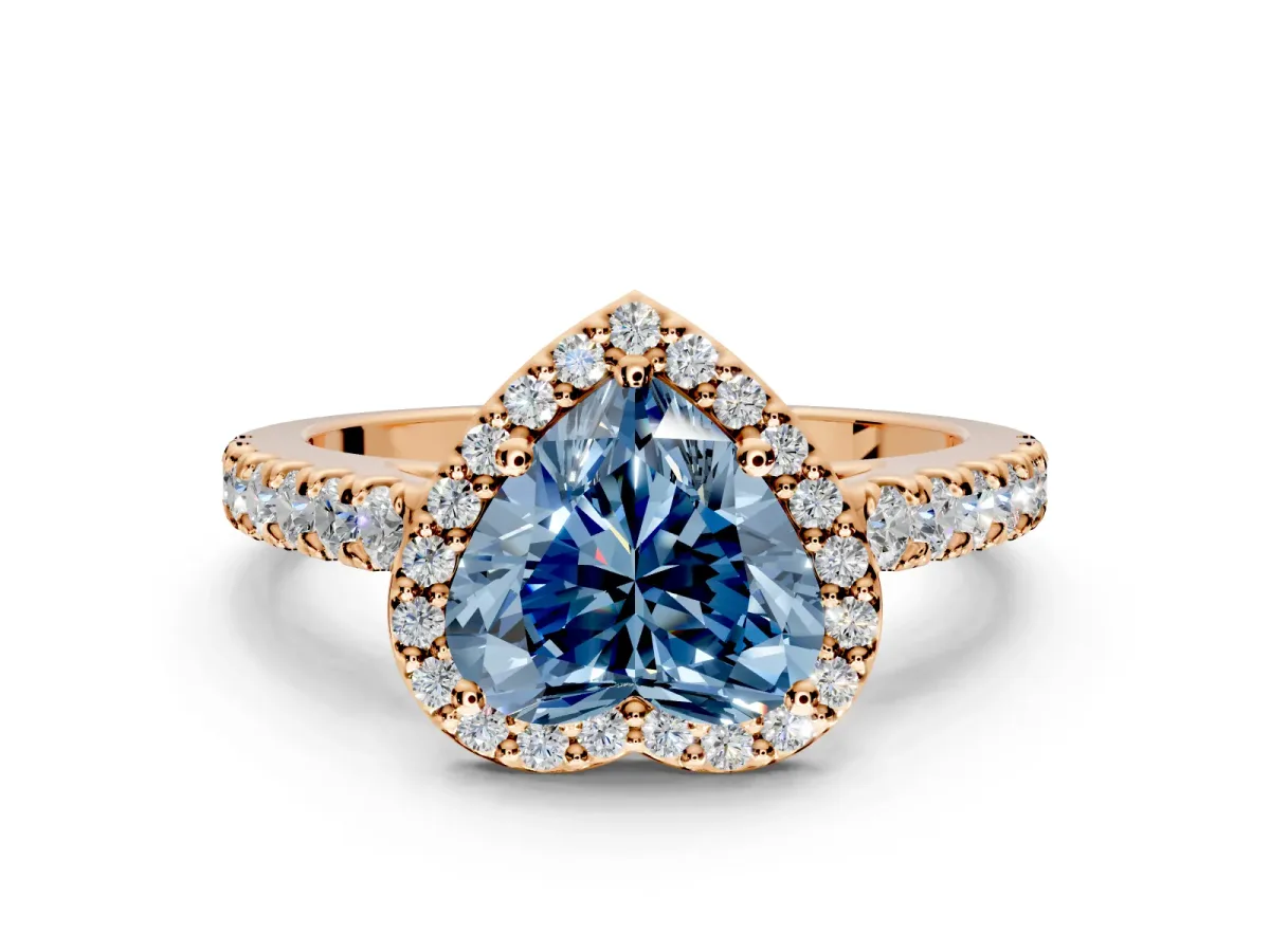 Halo Engagement Ring Setting for Fancy Blue Heart-Shaped Center with Full Pave Band and Prong Head in Rose Gold