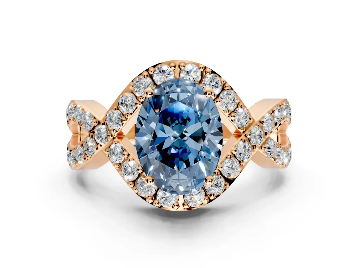 Halo Engagement Ring Setting for Fancy Blue Oval Center with Pave Infinity Twist Band and Prong Head in Rose Gold