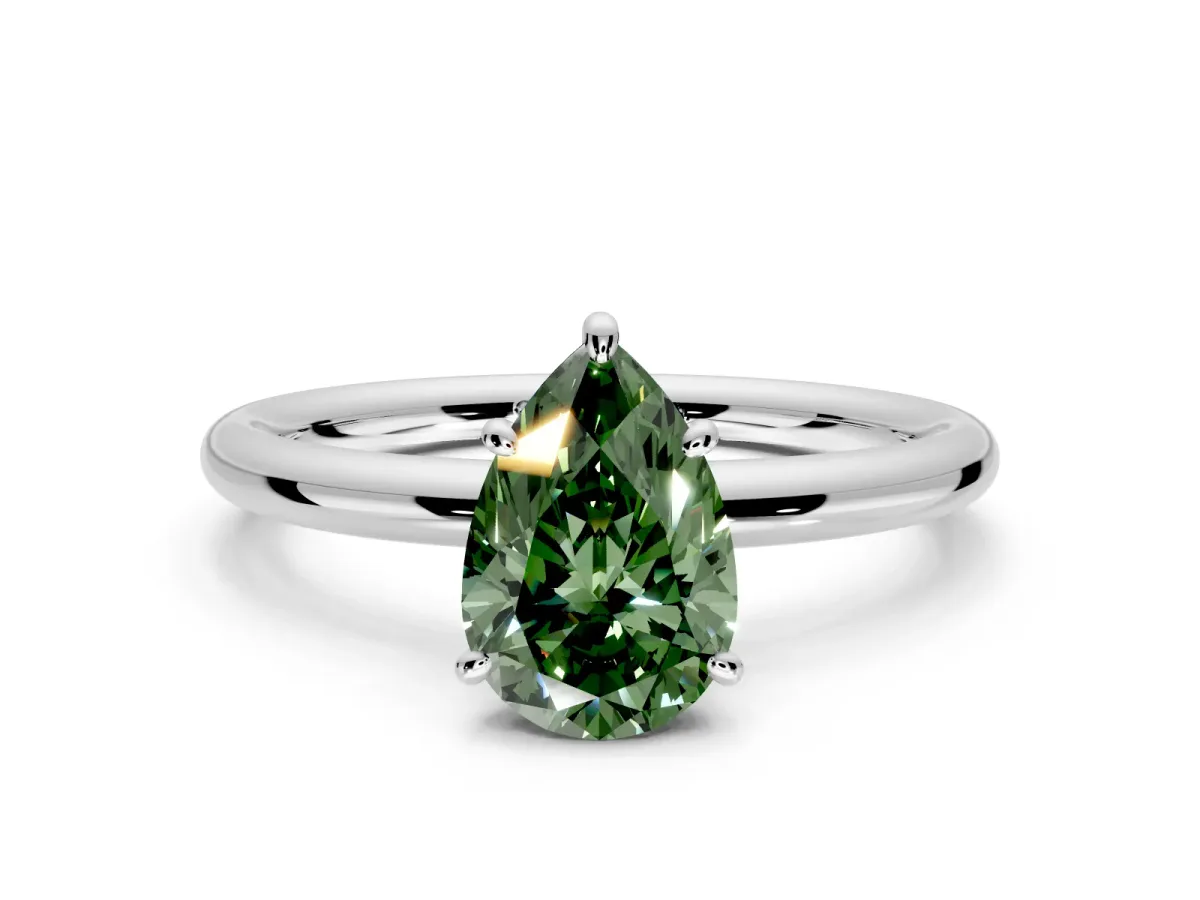 Low-Set Solitaire Engagement Ring Setting for Fancy Green Pear-Shaped Center with Thin Plain Band and Prong Head in White Gold